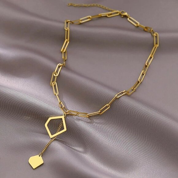NWT Geometric Pendant Lariat Y Necklace 14K Gold Plated Minimalist Choker 16” - Picture 3 of 7